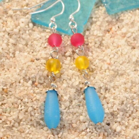 Handmade Colorful Sea Glass Beaded Dangle Pierced or Clip-on Earrings - Picture 3 of 7